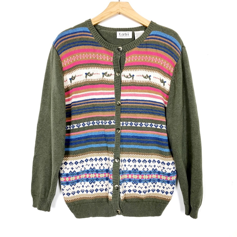 Vintage cottagecore granny cardigan knit green striped cotton multi colour